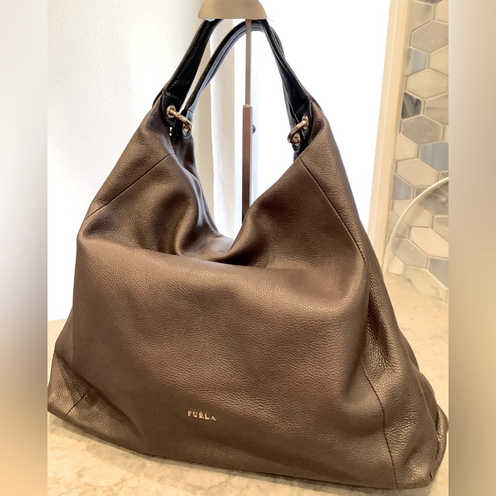 Furla Brown Pebbled Leather Hobo Bag